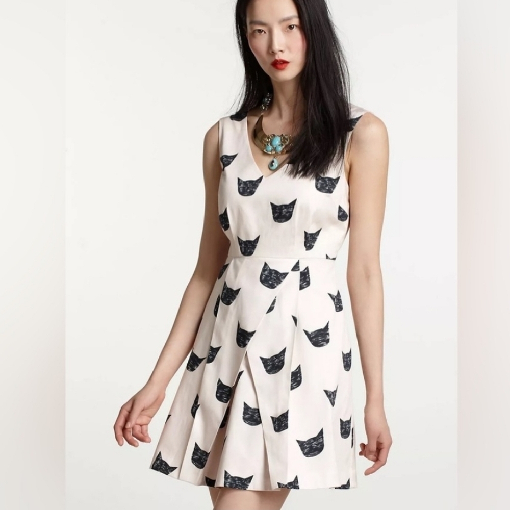 Anthropologie Leah Reena Goren Feline Karma Cat Print Mini Dress Cream Black 0
